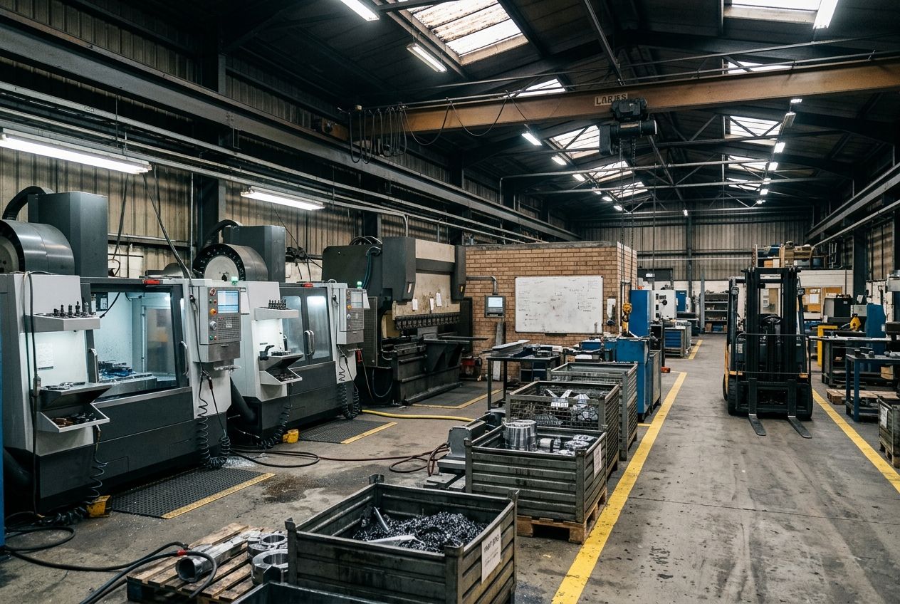 Wnętrze hali produkcyjnej z obrabiarkami CNC